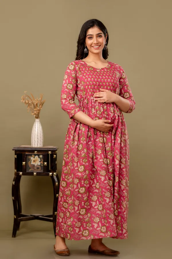 Pink_Maternity_and_Feeding_Gown_for_women_|_Pure_Cotton_Sanganeri_Print_Gown
