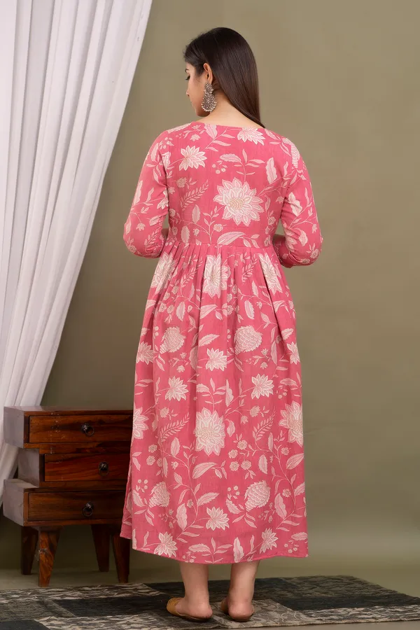 Pink_Maternity_and_Feeding_Gown_for_women_|_Pure_Cotton_Sanganeri_Print_Gown
