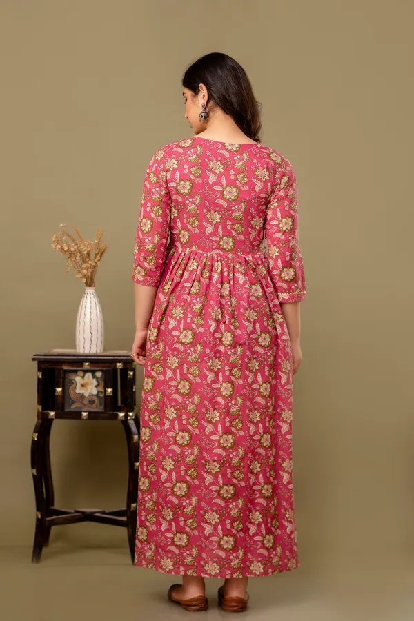 Pink_Maternity_and_Feeding_Gown_for_women_|_Pure_Cotton_Sanganeri_Print_Gown