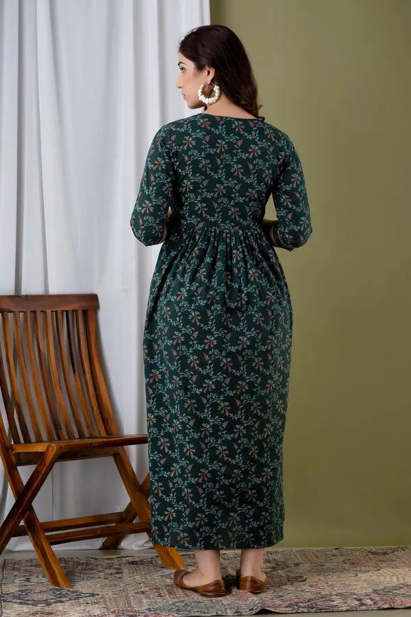 Dark_Green_Maternity_and_Feeding_Gown_for_women_|_Rayon_Sanganeri_Print_Gown