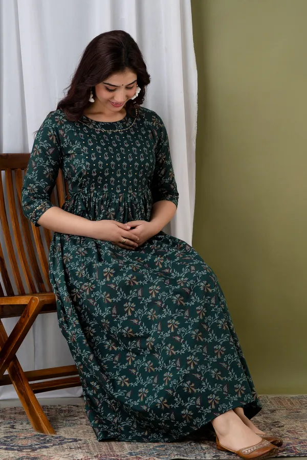 Dark_Green_Maternity_and_Feeding_Gown_for_women_|_Rayon_Sanganeri_Print_Gown