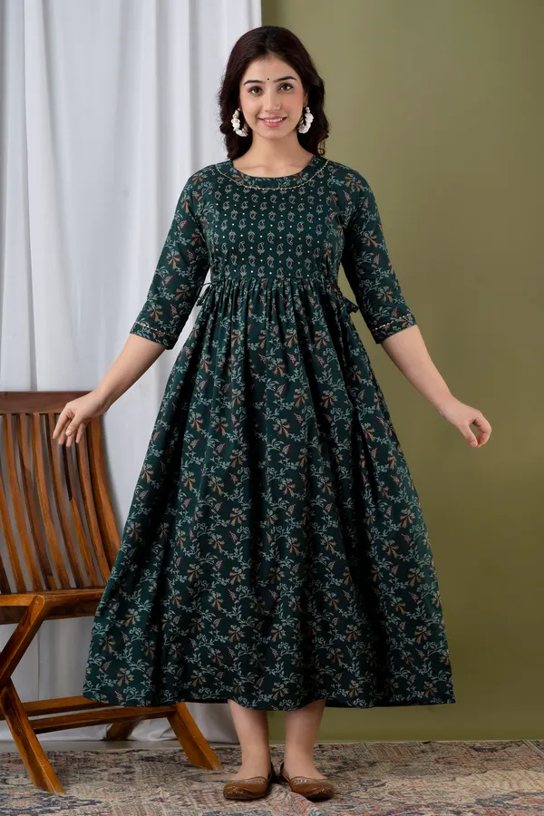 Dark_Green_Maternity_and_Feeding_Gown_for_women_|_Rayon_Sanganeri_Print_Gown
