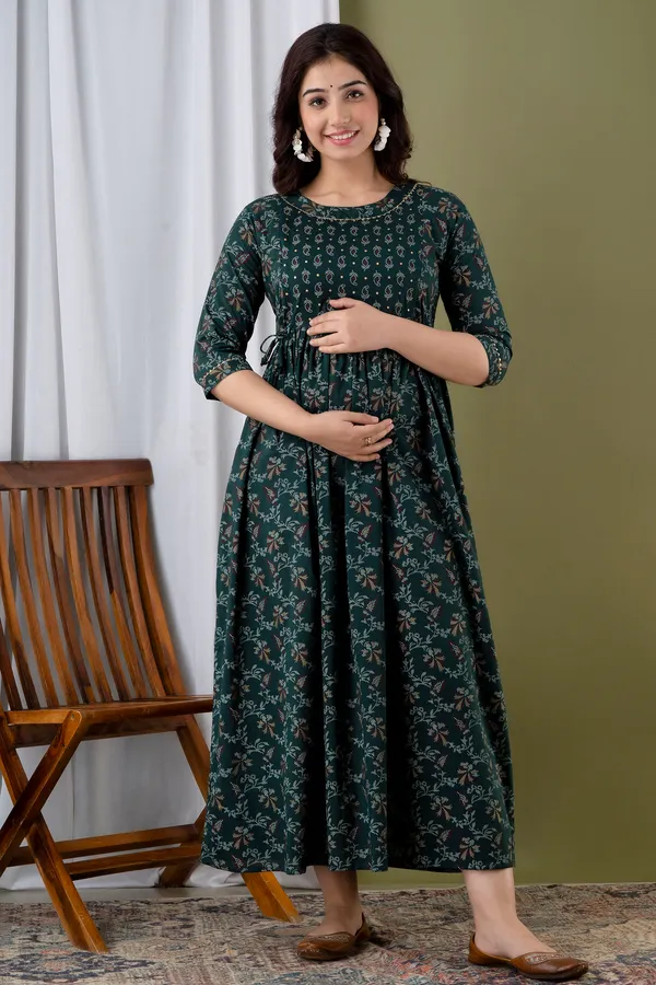 Dark_Green_Maternity_and_Feeding_Gown_for_women_|_Rayon_Sanganeri_Print_Gown