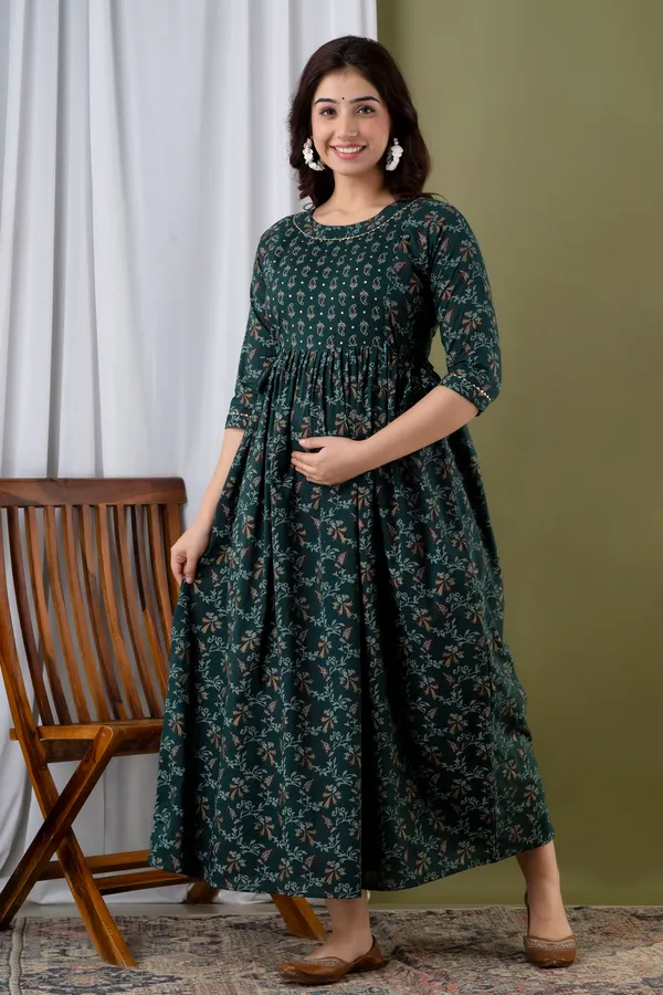 Dark_Green_Maternity_and_Feeding_Gown_for_women_|_Rayon_Sanganeri_Print_Gown