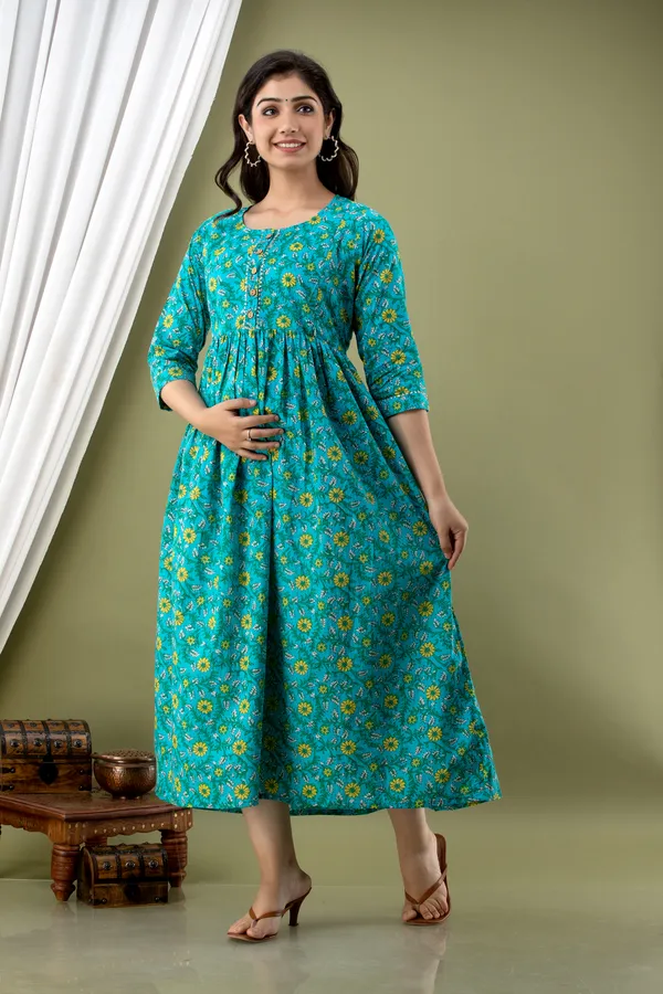 Sky_Blue_Maternity_and_Feeding_Gown_for_women_|_Pure_Cotton_Sanganeri_Print_Gown