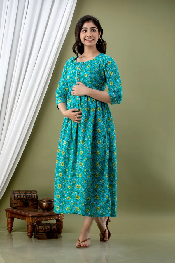 Sky_Blue_Maternity_and_Feeding_Gown_for_women_|_Pure_Cotton_Sanganeri_Print_Gown