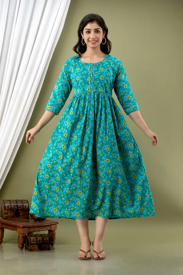 Sky_Blue_Maternity_and_Feeding_Gown_for_women_|_Pure_Cotton_Sanganeri_Print_Gown