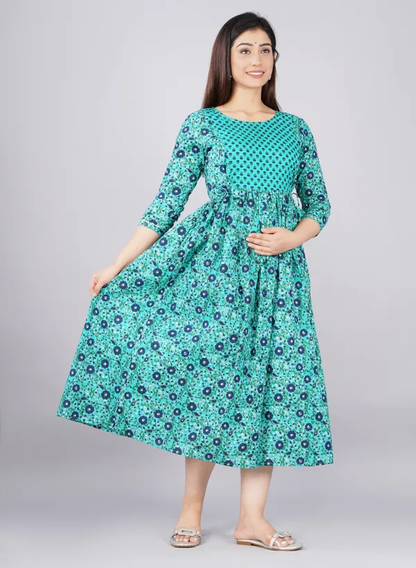 Sea_Blue_Maternity_and_Feeding_Gown_for_women_|_Pure_Cotton_Sanganeri_Print_Gown