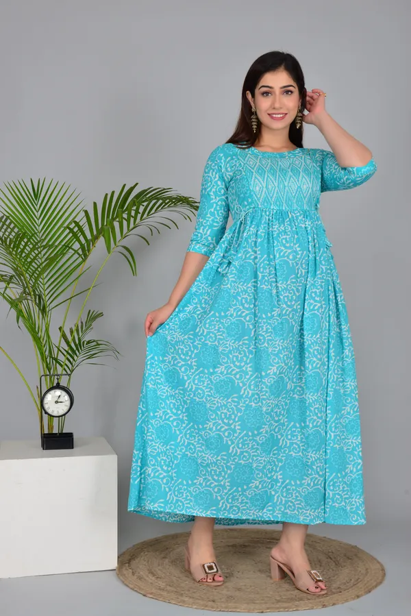 Sky_Blue_Maternity_and_Feeding_Gown_for_women_|_Pure_Cotton_Sanganeri_Print_Gown