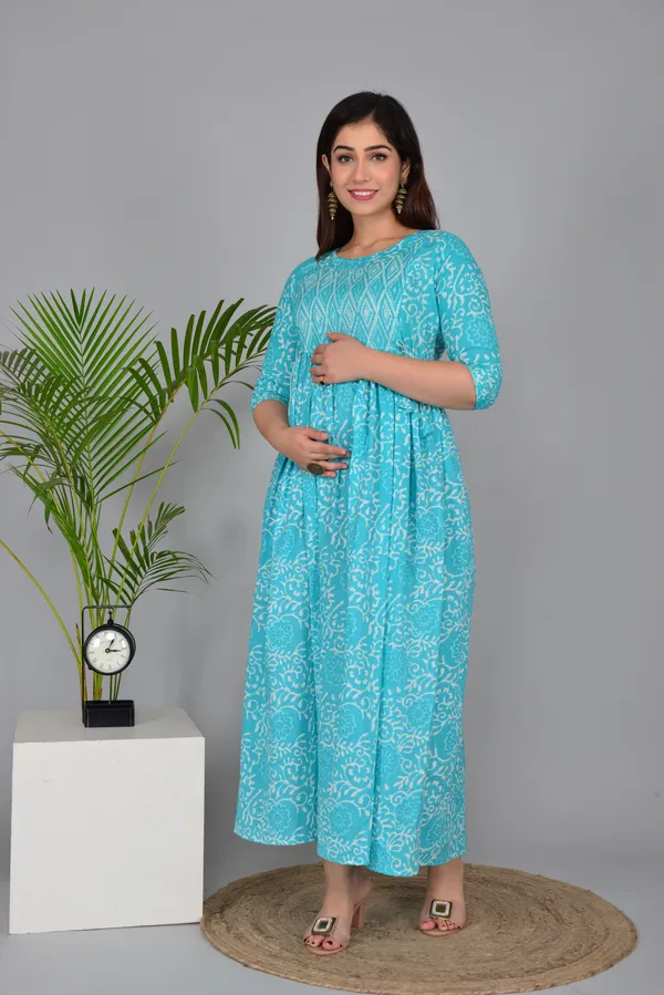 Sky_Blue_Maternity_and_Feeding_Gown_for_women_|_Pure_Cotton_Sanganeri_Print_Gown