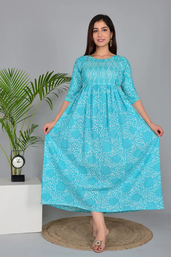Sky_Blue_Maternity_and_Feeding_Gown_for_women_|_Pure_Cotton_Sanganeri_Print_Gown