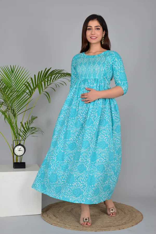 Sky_Blue_Maternity_and_Feeding_Gown_for_women_|_Pure_Cotton_Sanganeri_Print_Gown