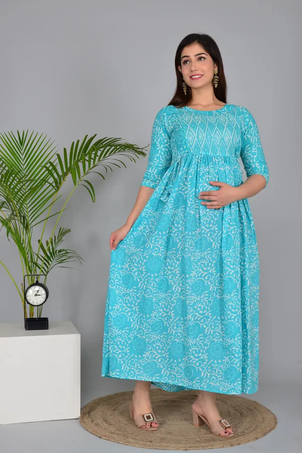 Sky_Blue_Maternity_and_Feeding_Gown_for_women_|_Pure_Cotton_Sanganeri_Print_Gown