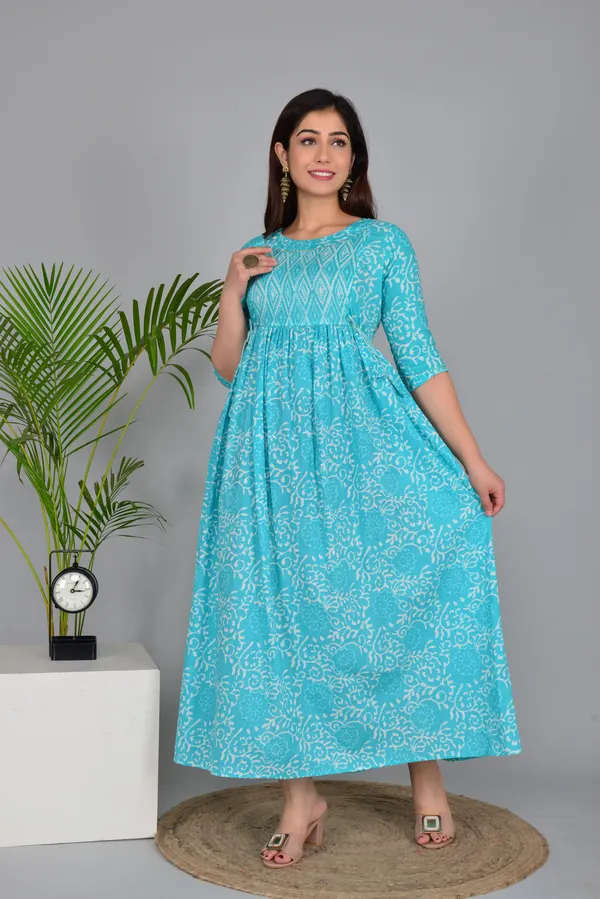 Sky_Blue_Maternity_and_Feeding_Gown_for_women_|_Pure_Cotton_Sanganeri_Print_Gown