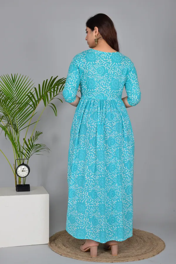 Sky_Blue_Maternity_and_Feeding_Gown_for_women_|_Pure_Cotton_Sanganeri_Print_Gown