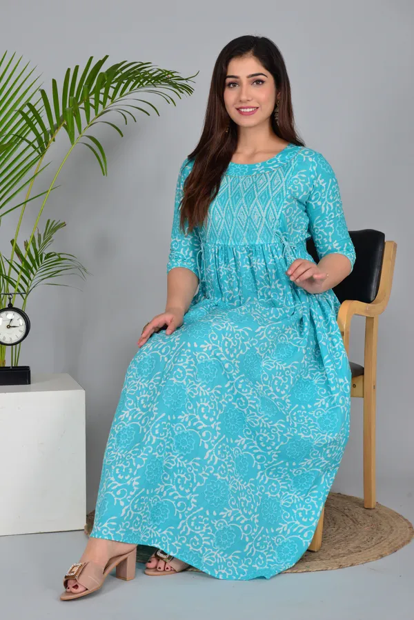 Sky_Blue_Maternity_and_Feeding_Gown_for_women_|_Pure_Cotton_Sanganeri_Print_Gown