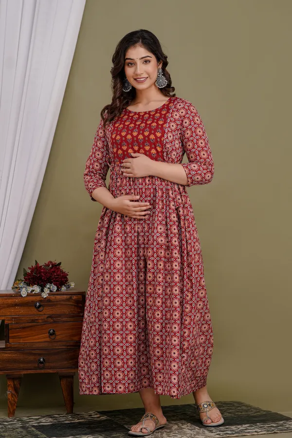 Maroon_Maternity_and_Feeding_Gown_for_women_|_Pure_Cotton_Sanganeri_Print_Gown