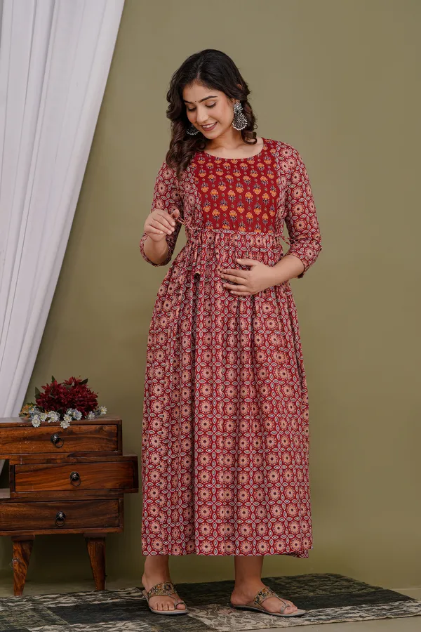 Maroon_Maternity_and_Feeding_Gown_for_women_|_Pure_Cotton_Sanganeri_Print_Gown
