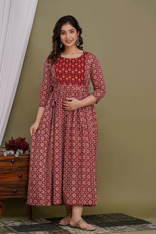 Maroon_Maternity_and_Feeding_Gown_for_women_|_Pure_Cotton_Sanganeri_Print_Gown