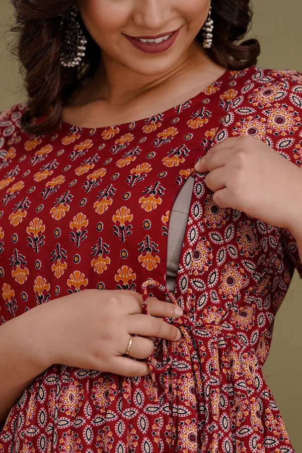 Maroon_Maternity_and_Feeding_Gown_for_women_|_Pure_Cotton_Sanganeri_Print_Gown