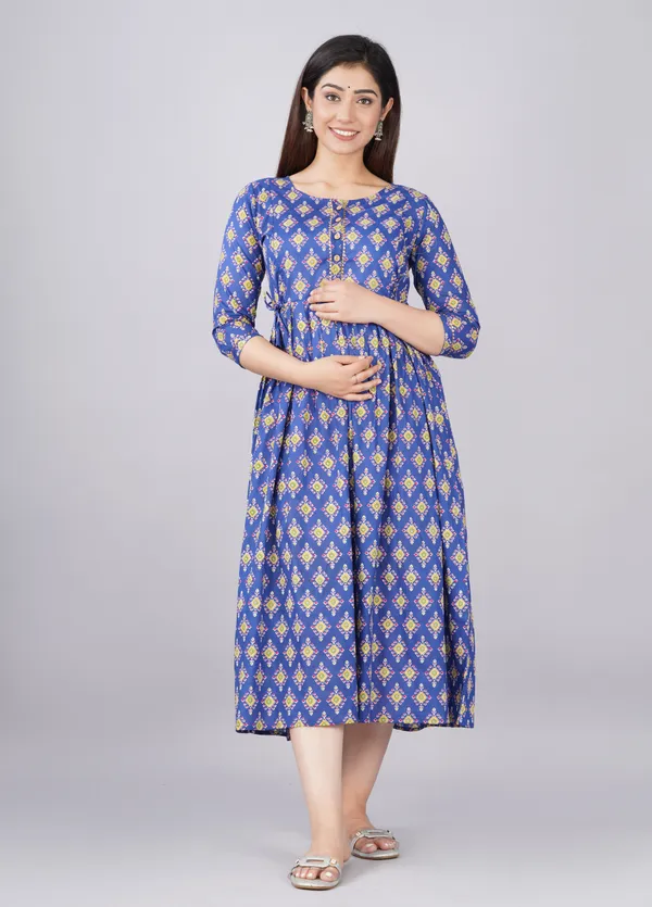 Blue_Maternity_and_Feeding_Gown_for_women_|_Pure_Cotton_Sanganeri_Print_Gown