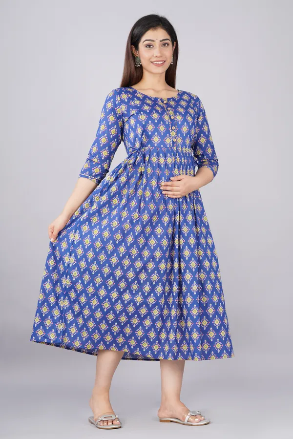 Blue_Maternity_and_Feeding_Gown_for_women_|_Pure_Cotton_Sanganeri_Print_Gown