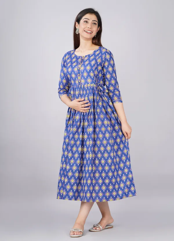 Blue_Maternity_and_Feeding_Gown_for_women_|_Pure_Cotton_Sanganeri_Print_Gown