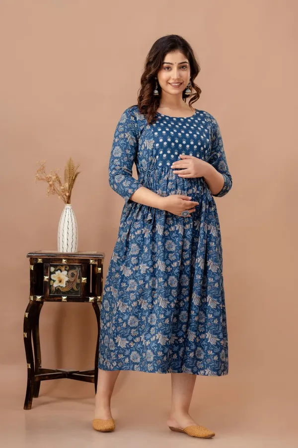 Sea_Blue_Maternity_and_Feeding_Gown_for_women_|_Pure_Cotton_Sanganeri_Print_Gown