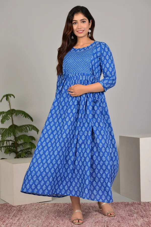 Blue_Maternity_and_Feeding_Gown_for_women_|_Pure_Cotton_Sanganeri_Print_Gown