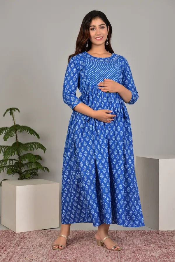Blue_Maternity_and_Feeding_Gown_for_women_|_Pure_Cotton_Sanganeri_Print_Gown