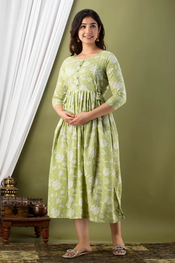 Light_Green_Maternity_and_Feeding_Gown_for_women_|_Pure_Cotton_Sanganeri_Print_Gown