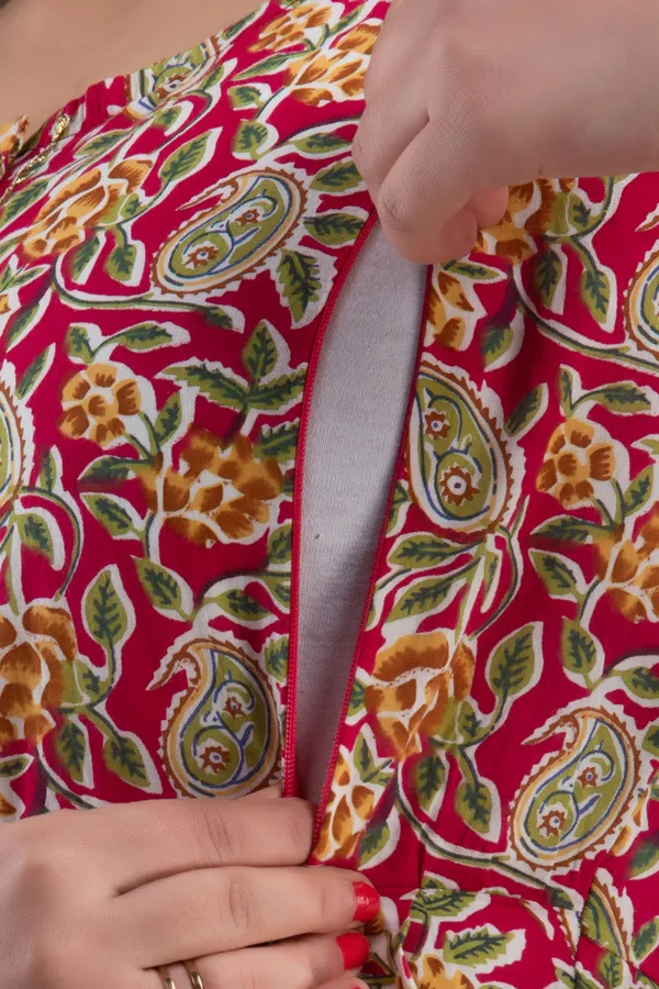 Red_Maternity_and_Feeding_Gown_for_women_|_Pure_Cotton_Sanganeri_Print_Gown