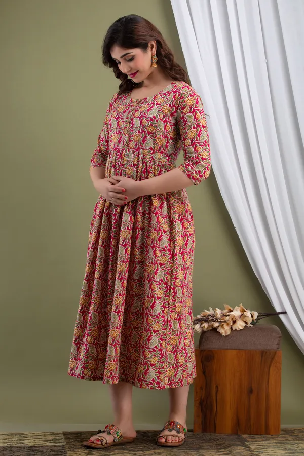 Red_Maternity_and_Feeding_Gown_for_women_|_Pure_Cotton_Sanganeri_Print_Gown