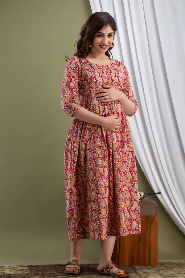 Red_Maternity_and_Feeding_Gown_for_women_|_Pure_Cotton_Sanganeri_Print_Gown