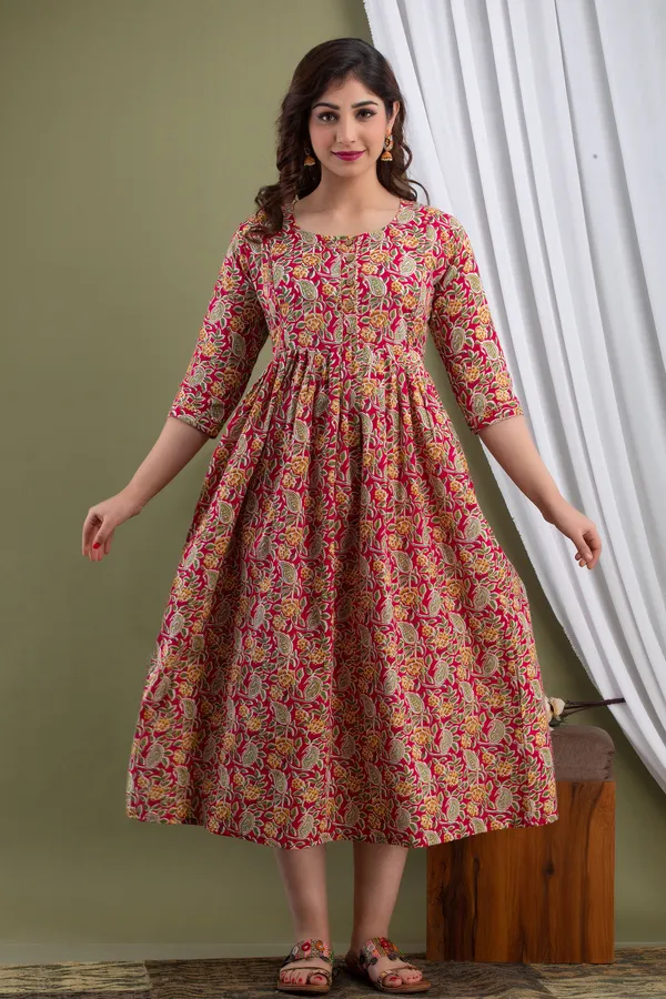 Red_Maternity_and_Feeding_Gown_for_women_|_Pure_Cotton_Sanganeri_Print_Gown