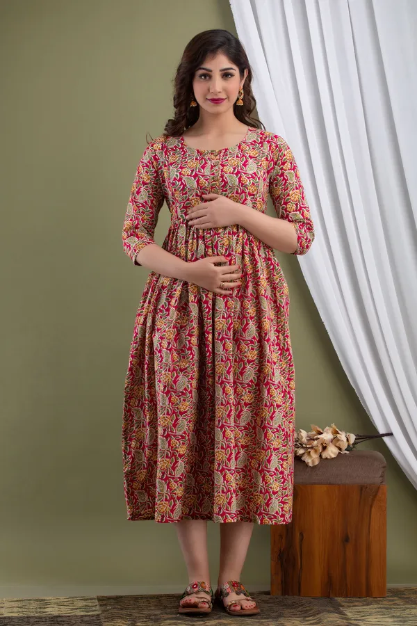Red_Maternity_and_Feeding_Gown_for_women_|_Pure_Cotton_Sanganeri_Print_Gown