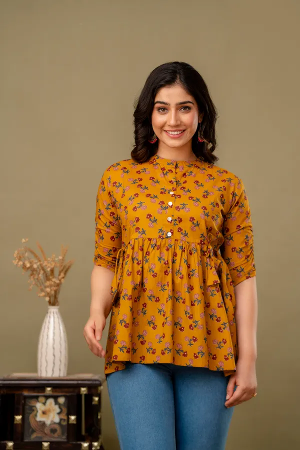 Yellow_Classic_Regular_Fit_Solid_Short_Top_For_Women