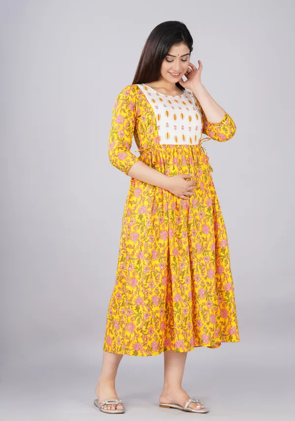 Yellow_Maternity_and_Feeding_Gown_for_women_|_Pure_Cotton_Sanganeri_Print_Gown