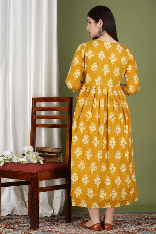 Yellow_Maternity_and_Feeding_Gown_for_women_|_Pure_Cotton_Sanganeri_Print_Gown