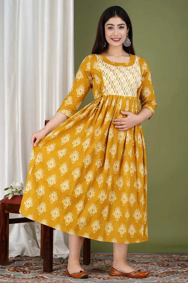 Yellow_Maternity_and_Feeding_Gown_for_women_|_Pure_Cotton_Sanganeri_Print_Gown
