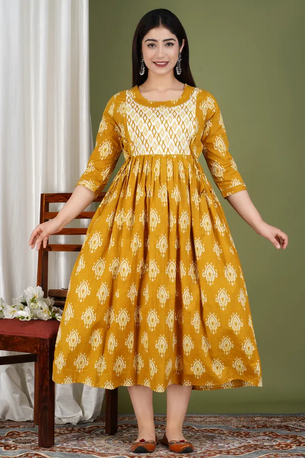 Yellow_Maternity_and_Feeding_Gown_for_women_|_Pure_Cotton_Sanganeri_Print_Gown