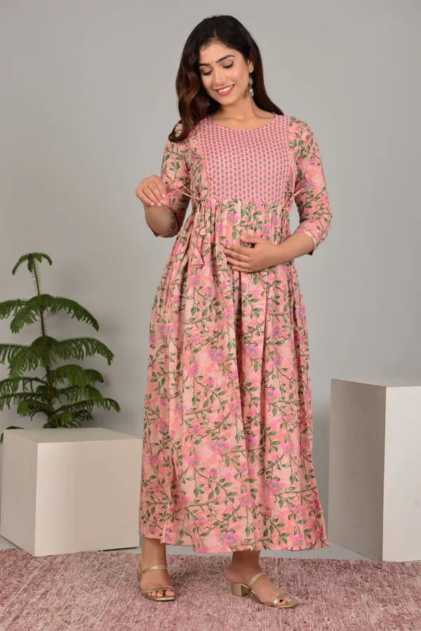 Pink_Maternity_and_Feeding_Gown_for_women_|__Sanganeri_Print_Gown_Pure_Cotton(60-60)