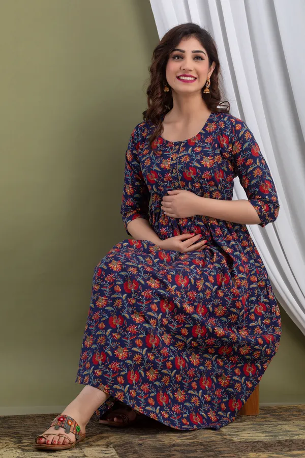 Multicolor_Maternity_and_Feeding_Gown_for_women_|_Pure_Cotton_Sanganeri_Print_Gown