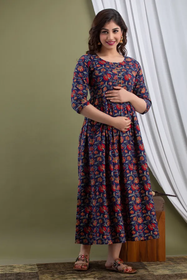 Multicolor_Maternity_and_Feeding_Gown_for_women_|_Pure_Cotton_Sanganeri_Print_Gown