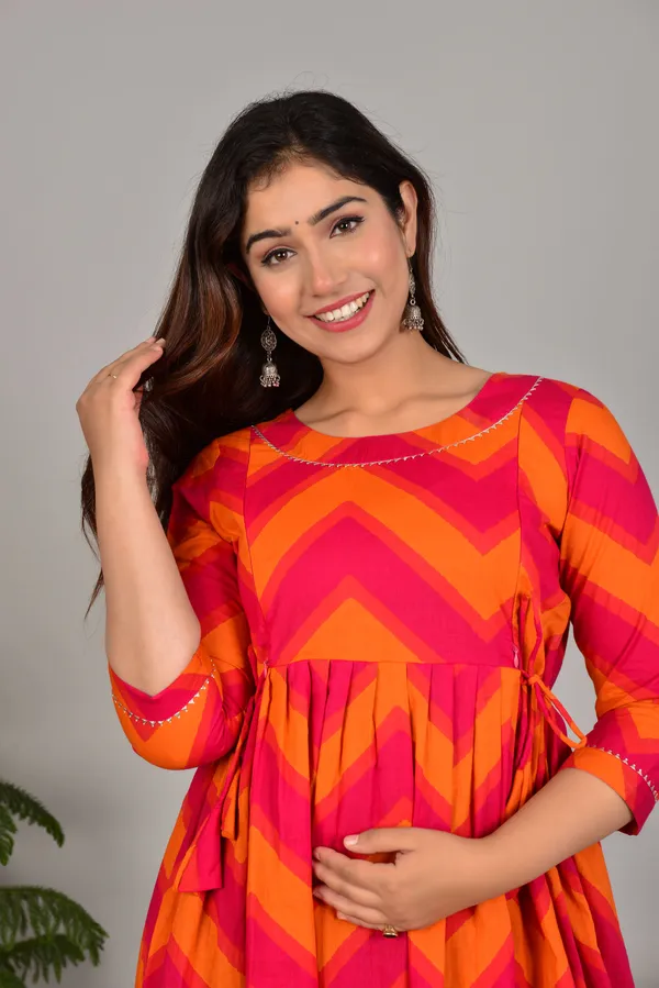 Orange_Maternity_and_Feeding_Gown_for_women_|_Pure_Cotton_Sanganeri_Print_Gown