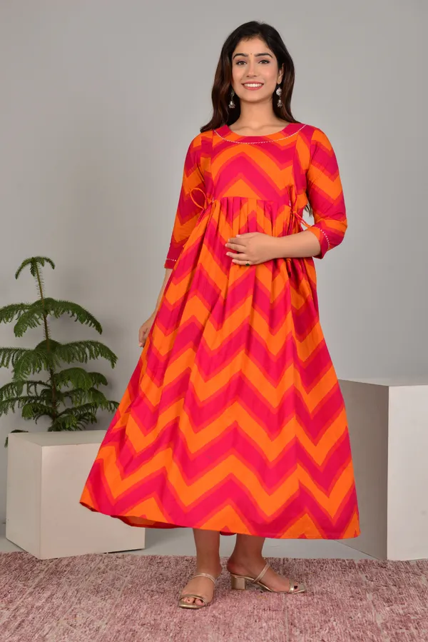 Orange_Maternity_and_Feeding_Gown_for_women_|_Pure_Cotton_Sanganeri_Print_Gown