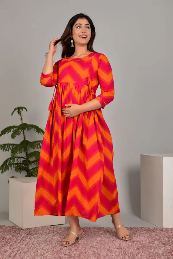 Orange_Maternity_and_Feeding_Gown_for_women_|_Pure_Cotton_Sanganeri_Print_Gown