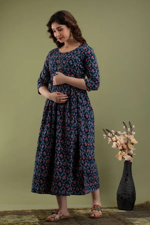 Multicolor_Maternity_and_Feeding_Gown_for_women_|_Pure_Cotton_Sanganeri_Print_Gown