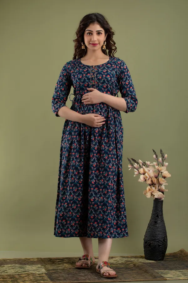 Multicolor_Maternity_and_Feeding_Gown_for_women_|_Pure_Cotton_Sanganeri_Print_Gown