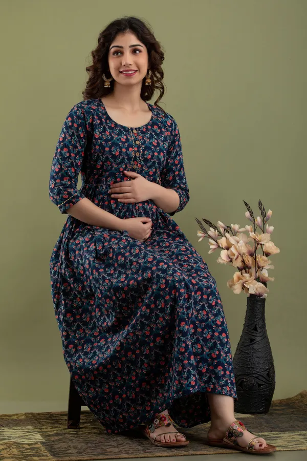 Multicolor_Maternity_and_Feeding_Gown_for_women_|_Pure_Cotton_Sanganeri_Print_Gown